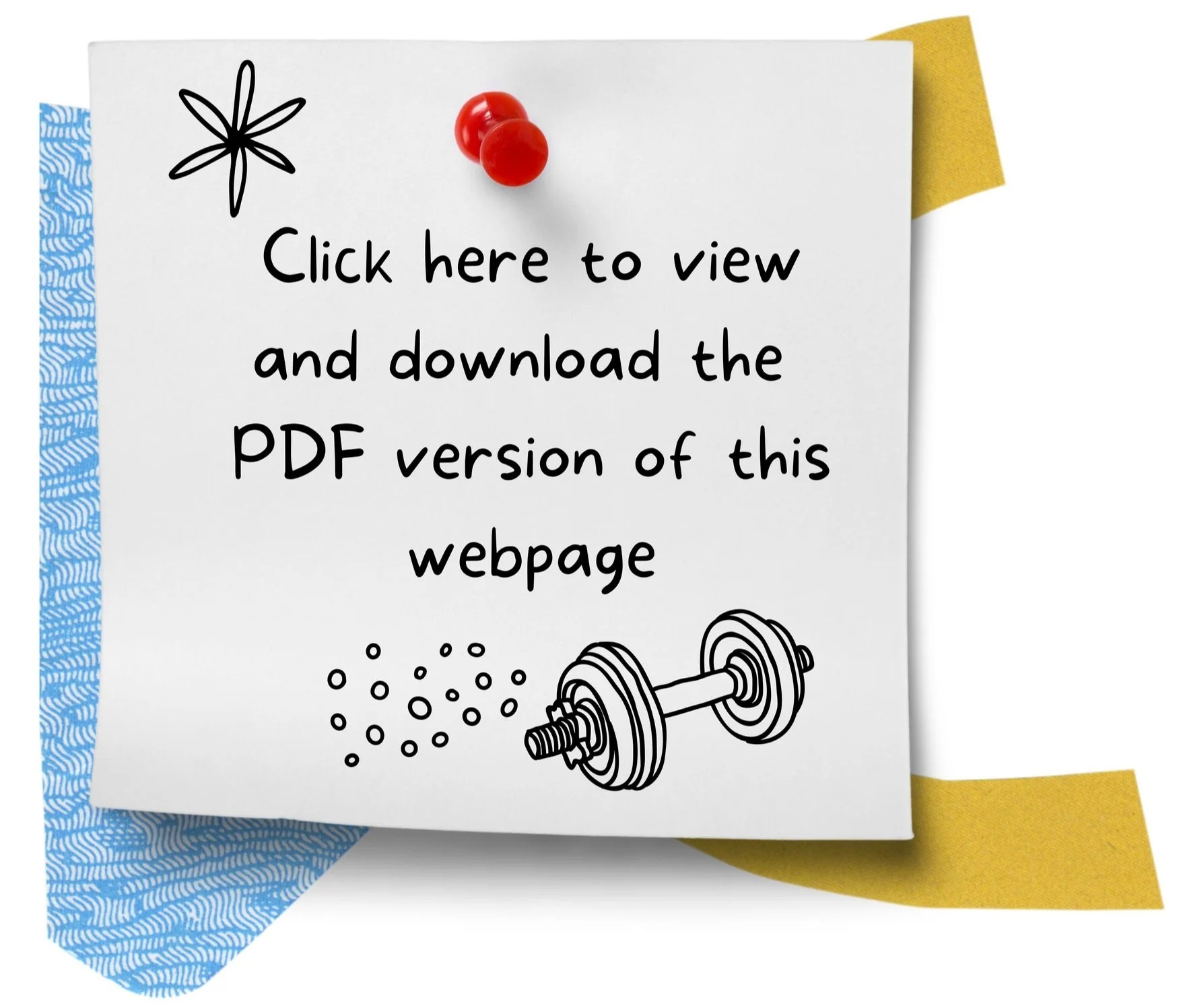 Note pinned with red tack, patterned tape background. Text: "Click here to view and download the PDF version of this webpage." Illustrated flower, dumbbell, dots.