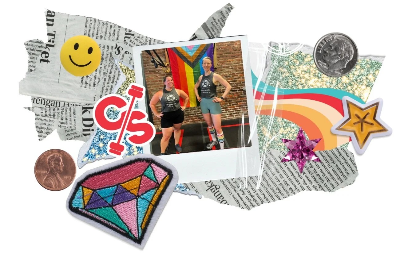 Collage with a photo of two people in workout attire standing in front of a colorful Pride flag on a gym background. The collage includes a smiley face on torn newspaper, a barbell marked 'CS,' a penny, a dime, a geometric diamond patch, glittery paper, and star and rainbow stickers.