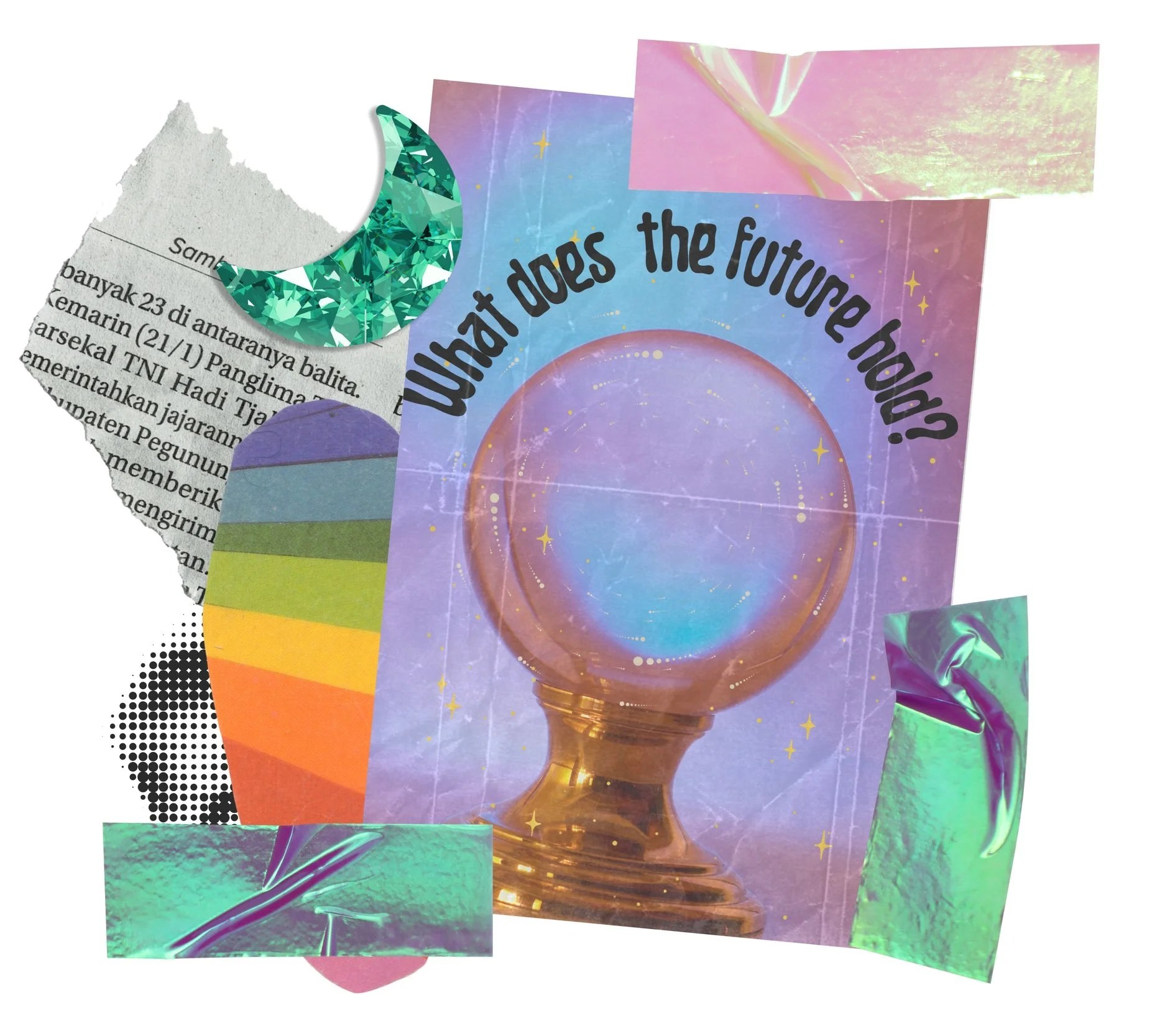 Collage with a crystal ball, text 'What does the future hold?', rainbow stripes, torn newspaper, shiny moon, and abstract colorful elements.