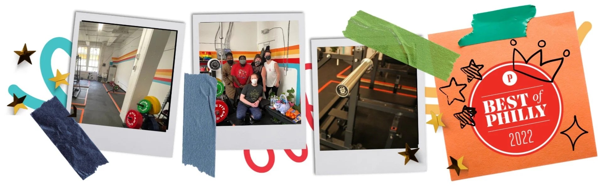 Collage of three gym-related photos and a 'Best of Philly 2022' award graphic. The first photo shows a gym space with equipment, the second features a group of people in workout attire inside a gym, and the third is a close-up of a barbell. Decorative elements like stars and tape embellish the collage.