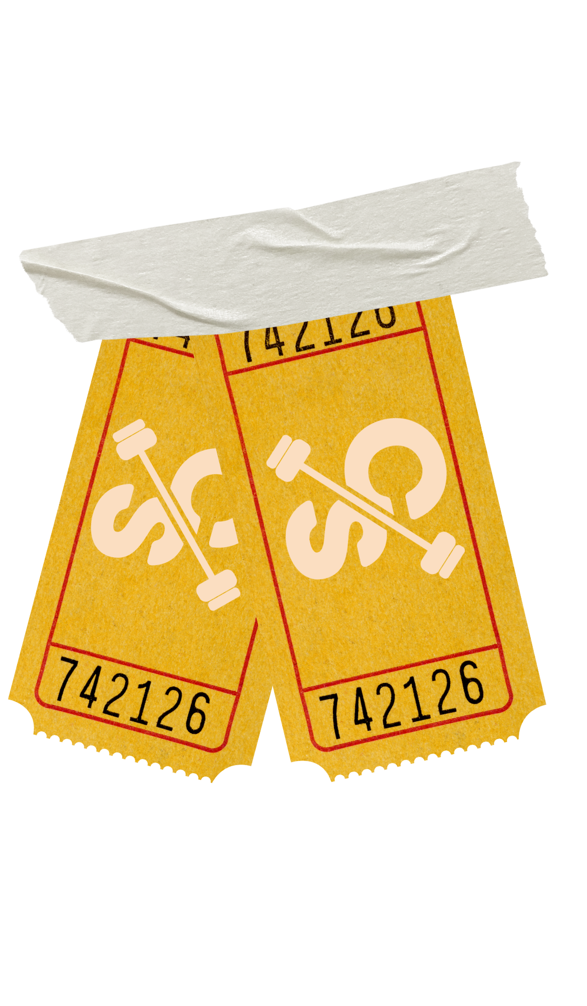 Two yellow raffle tickets with the number 742126, held together by a piece of white tape.