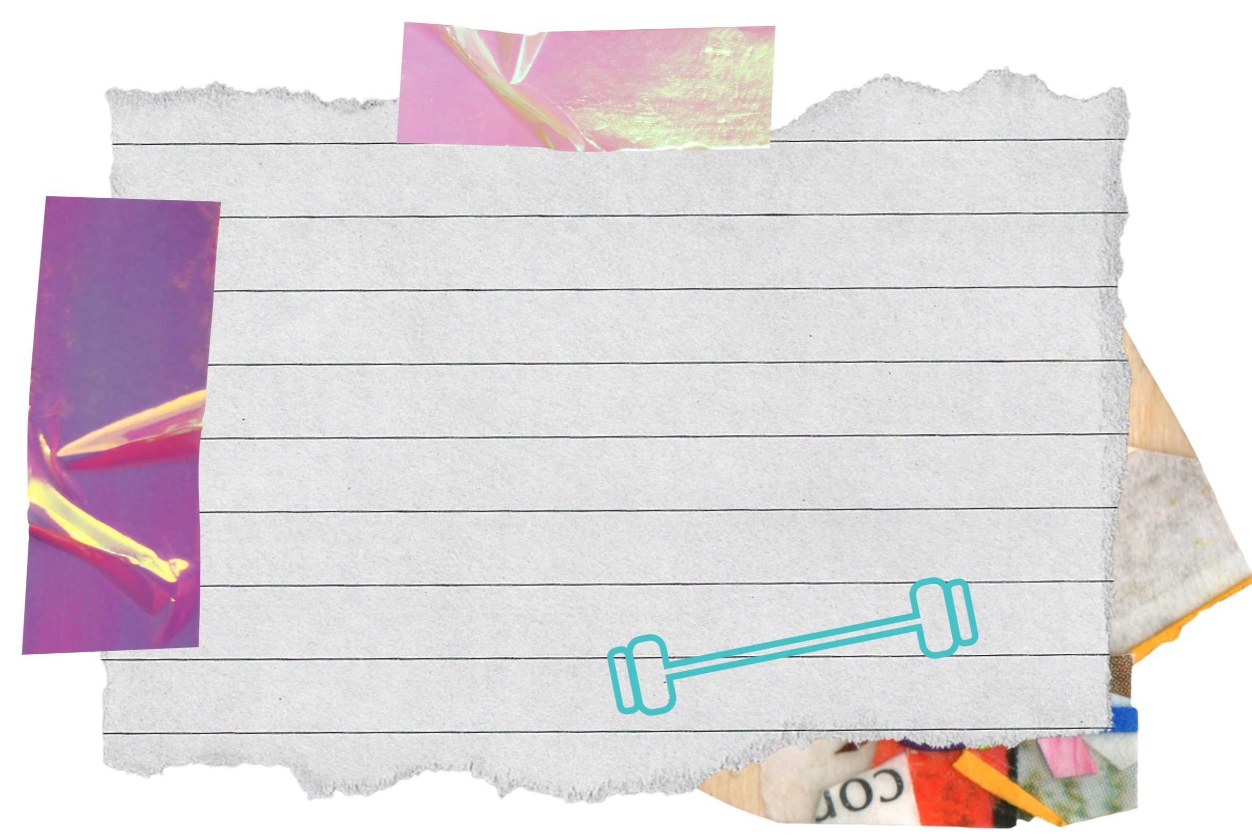Torn lined paper with pink tape and turquoise dumbbell graphic